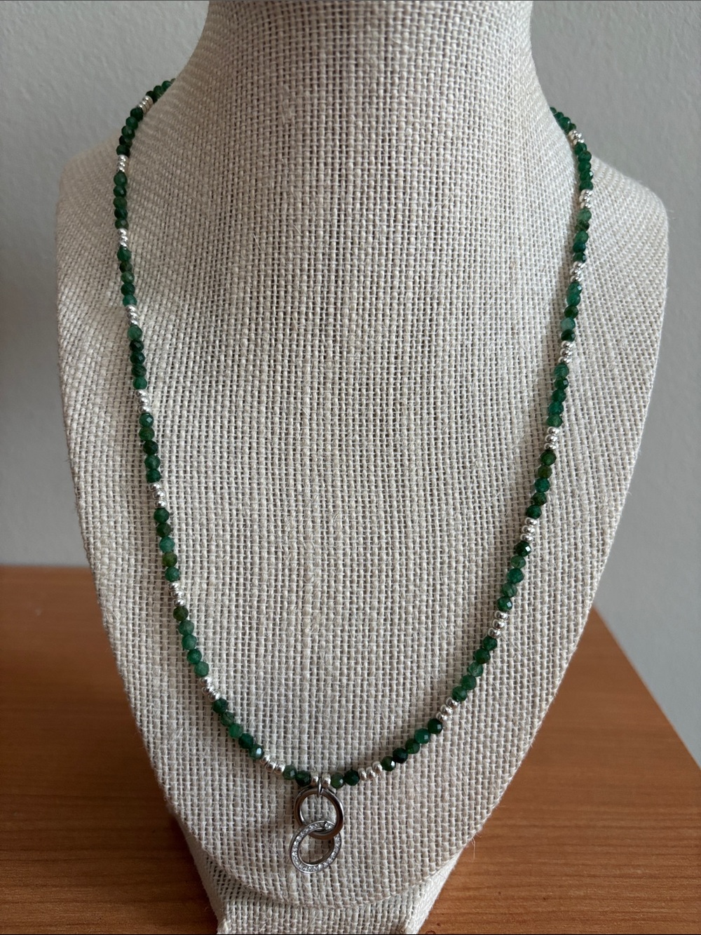 Silver Infinity Pendant Necklace with Green Beads